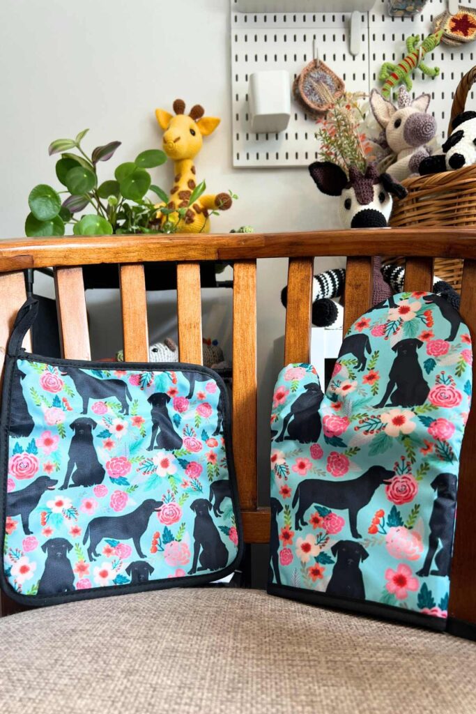 image of floral labrador oven mitts