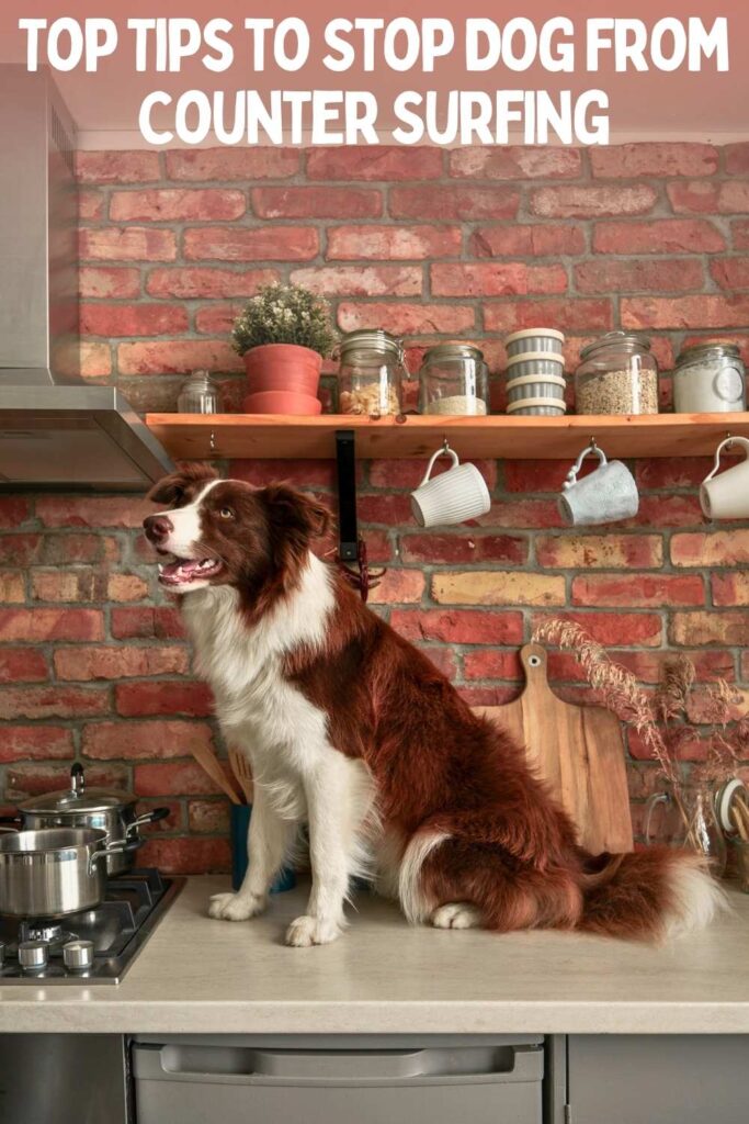 photo of a brown and white border collie sitting on a kitchen counter
